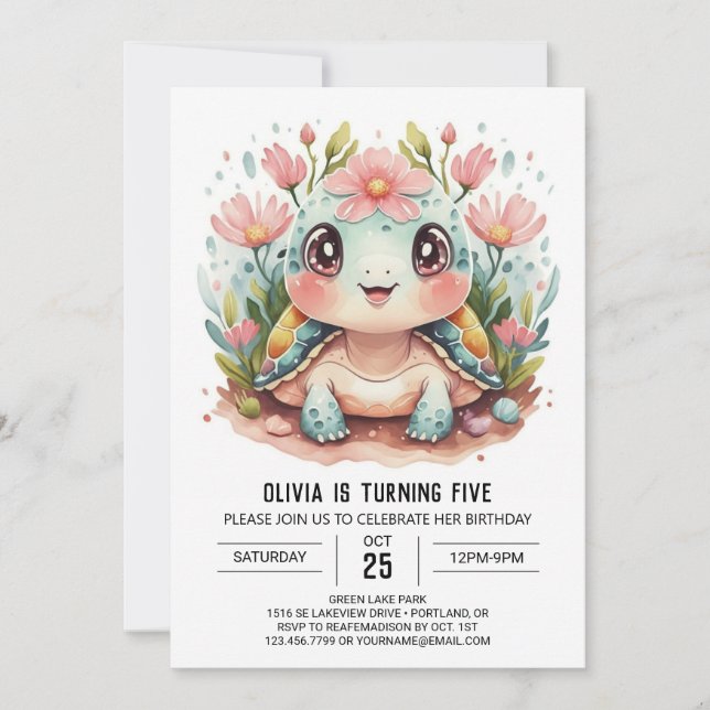 Nautical Modern Turtle Girl Birthday Invitation (Front)