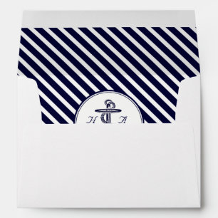 Nautical Monogm Navy Blu Wht Diag Stripe #2 A7 5x7 Envelopes