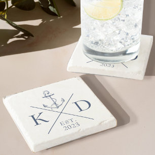 Nautical Monogram Anchor Navy Stone Coaster