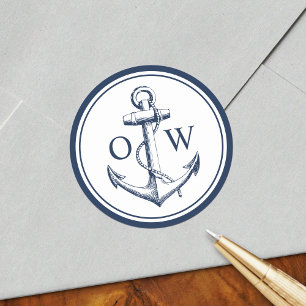 Nautical Monogram Anchor Navy White Classic Round Sticker