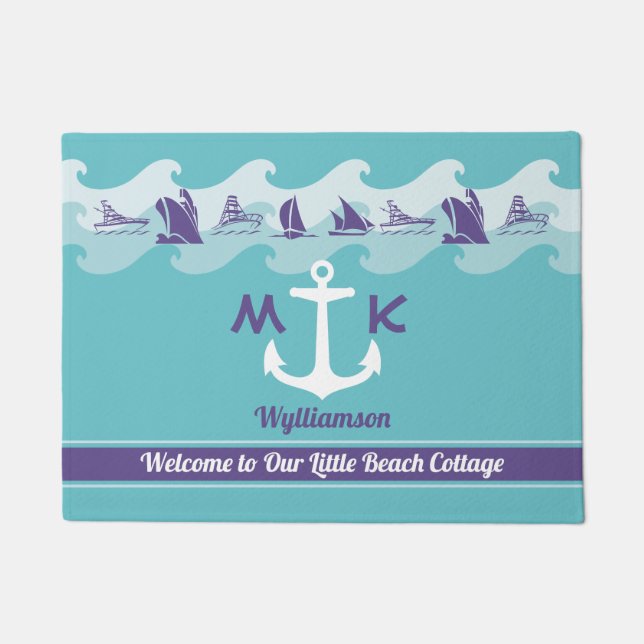 Nautical Monogram Anchor Waves Ship Boat Yacht Doormat (Front)