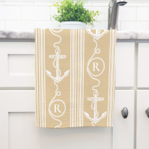 Nautical Monogram Anchor with Rope Sand Colour Tea Towel