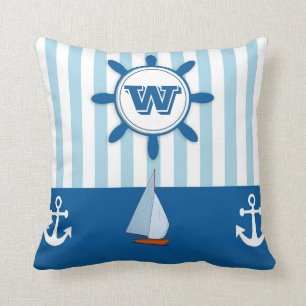Nautical Monogram Blue White Stripe Beach Cushion