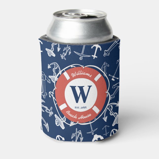 Nautical Monogram Navy Blue Anchor Beach House Can Cooler (Can Back)
