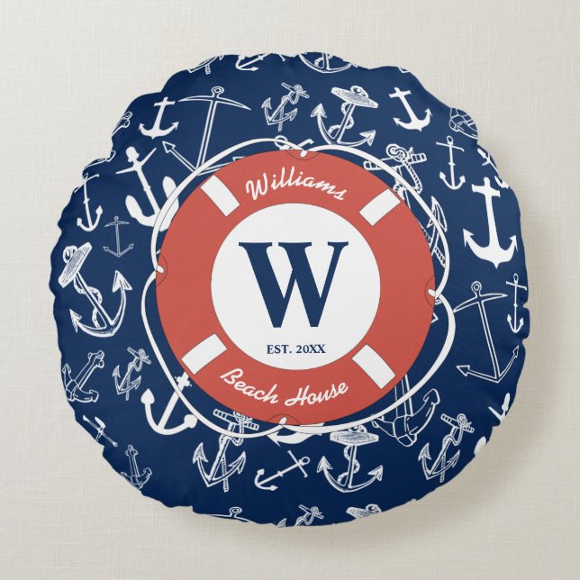 Nautical Monogram Navy Blue Anchor Beach House Round Cushion (Front)