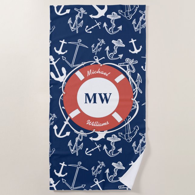 Nautical Monogram Navy Blue Anchor Pattern Beach Towel (Front)