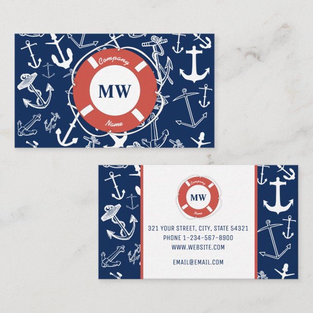Nautical Monogram Navy Blue Anchor Pattern Business Card (Front/Back)