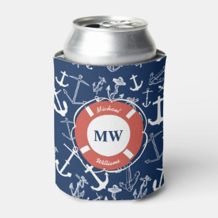 Nautical Monogram Navy Blue Anchor Pattern Can Cooler