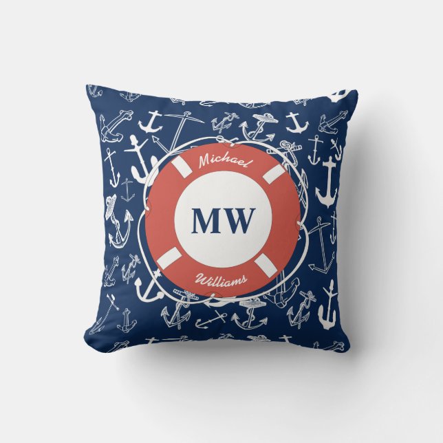 Nautical Monogram Navy Blue Anchor Pattern Cushion (Front)