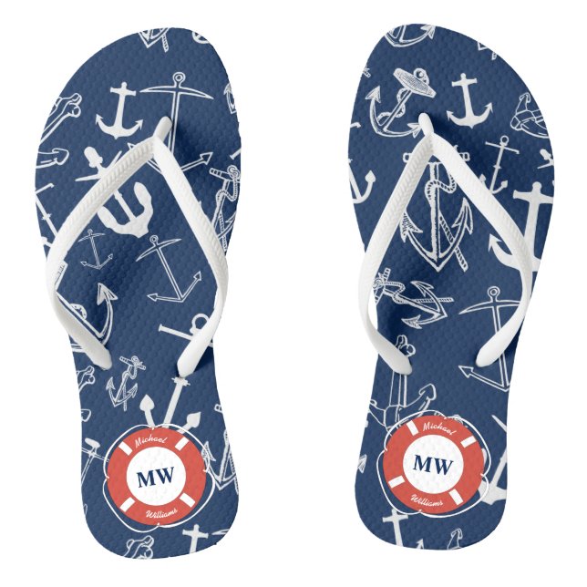 Nautical Monogram Navy Blue Anchor Pattern Jandals (Footbed)