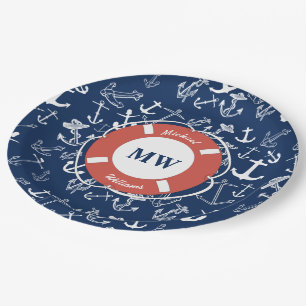 Nautical Monogram Navy Blue Anchor Pattern Paper Plate