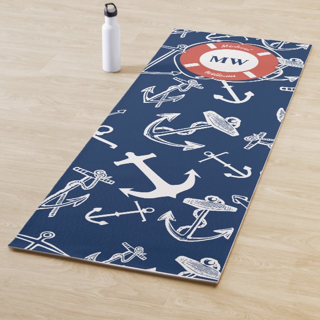 Nautical Monogram Navy Blue Anchor Pattern Yoga Mat (In Situ)