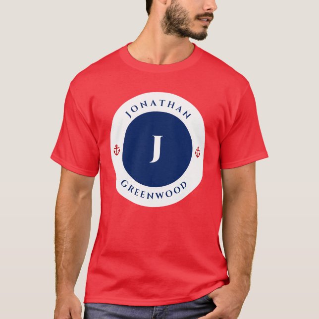 Nautical Monogram Navy Blue Red Anchor Circle T-Shirt (Front)