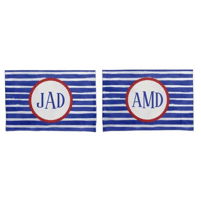 Nautical Monogram Navy Blue Striped Watercolor  Pillowcase (Front-Set)