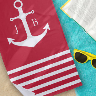 Nautical Monogram Red White Stripe Anchor Beach Towel