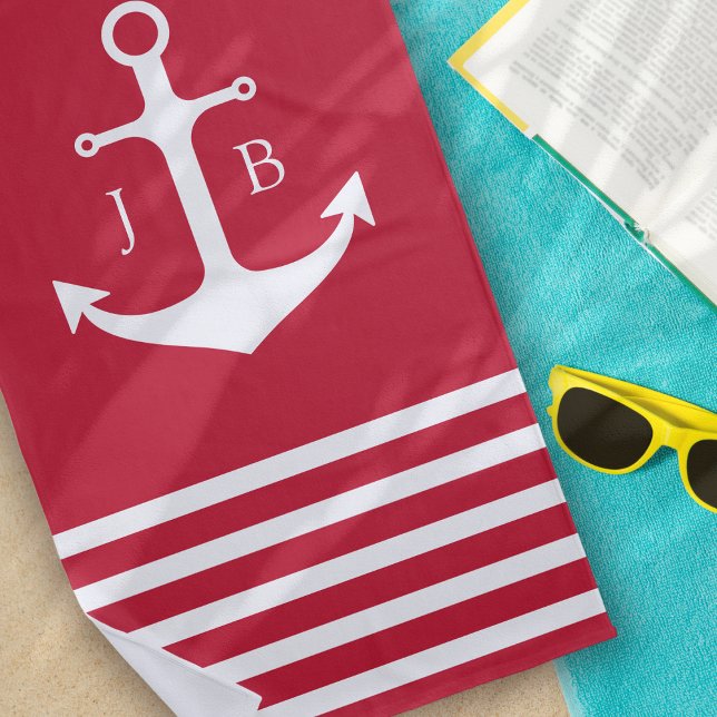 Nautical Monogram Red White Stripe Anchor  Beach Towel (Creator Uploaded)