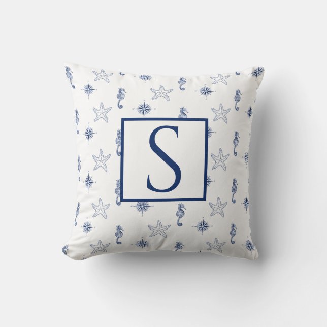 Nautical monogram Seahorse Starfish Navy Blue  Cushion (Front)
