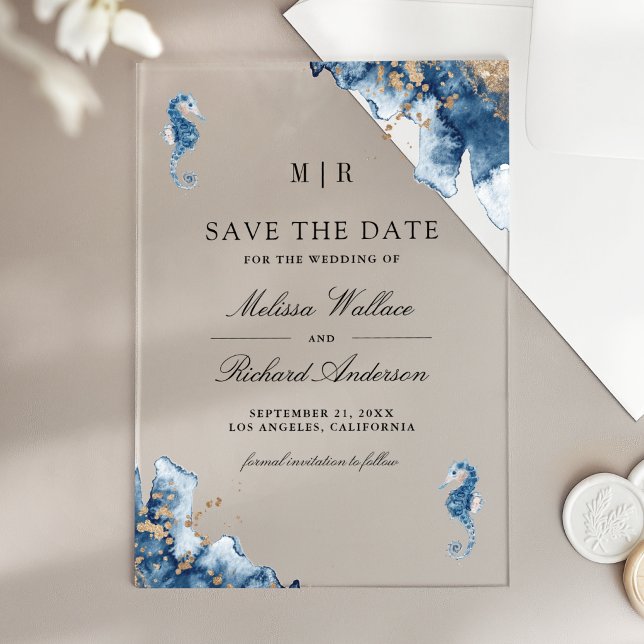 Nautical Monogram Seahorse Wedding Save the Date Acrylic Invitations (Creator Uploaded)