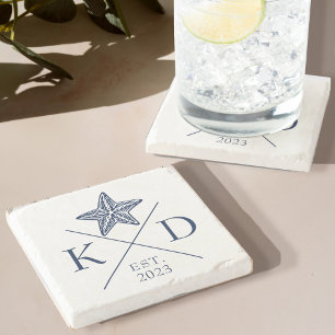 Nautical Monogram Starfish Navy Stone Coaster