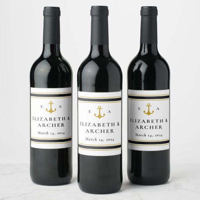 Nautical Monogram Wedding Black Gold Wine Label (Bottles)