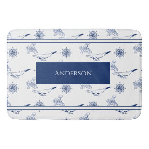  Nautical monogram Whales and octopus navy White Bath Mat