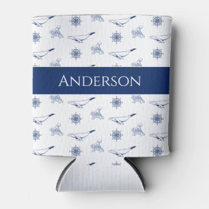  Nautical monogram Whales and octopus navy White  Can Cooler
