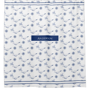  Nautical monogram Whales and octopus navy White  Shower Curtain