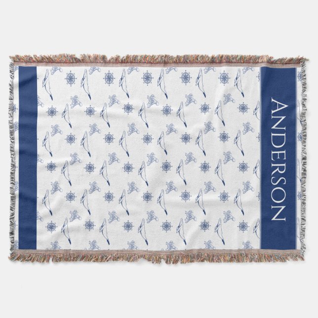  Nautical monogram Whales and octopus navy White  Throw Blanket (Front)