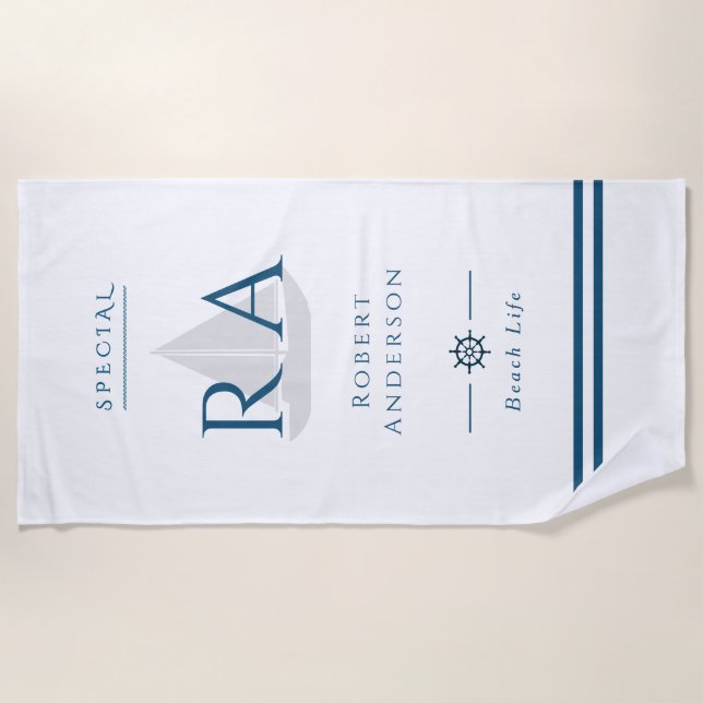Nautical Monogram White Beach Towel (Front)