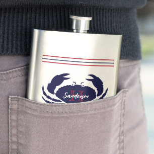 Nautical monogrammed red navy blue white  crab  hip flask