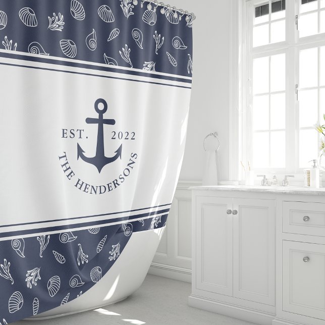 Nautical Monogrammed White Navy Blue Anchor Shower Curtain (Creator Uploaded)