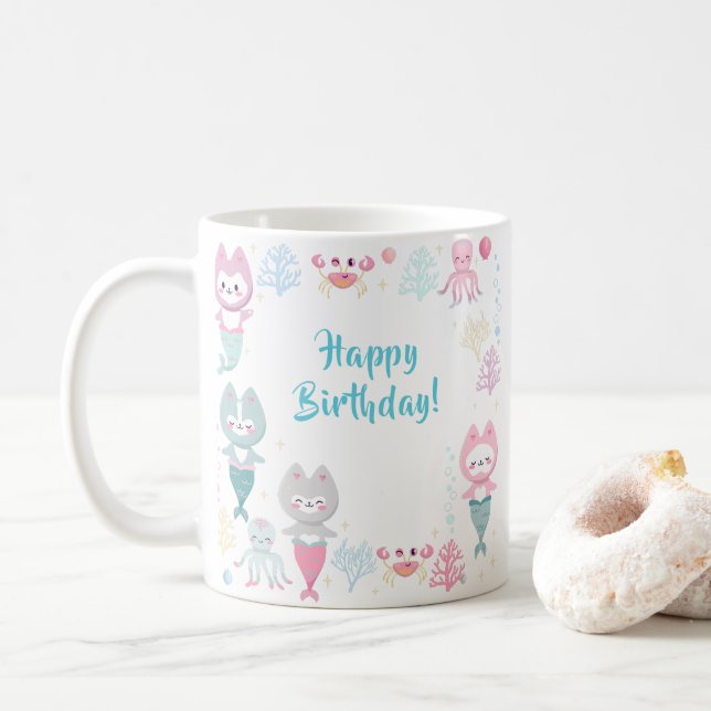 Nautical Mugs decorated with cute mermaid kittens. (With Donut)