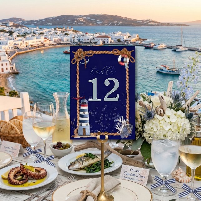 Nautical Nautical Navy Blue Rope & Lighthouse Table Number (Creator Uploaded)
