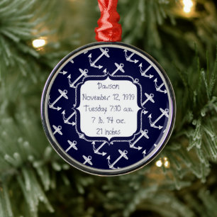 Nautical Navy Anchor Baby Birth Record Keepsake Metal Tree Decoration