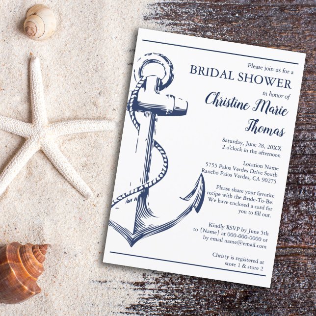 Nautical Navy Anchor Bridal Shower Recipe Request Invitation (Creator Uploaded)