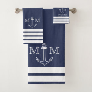Nautical Navy Anchor Coastal Monogram Name Bath To Towel Set