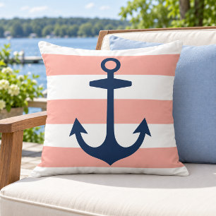 Nautical Navy Anchor Coral White Stripe Cushion