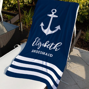Nautical Navy Anchor Custom Bridesmaid Name Beach Towel