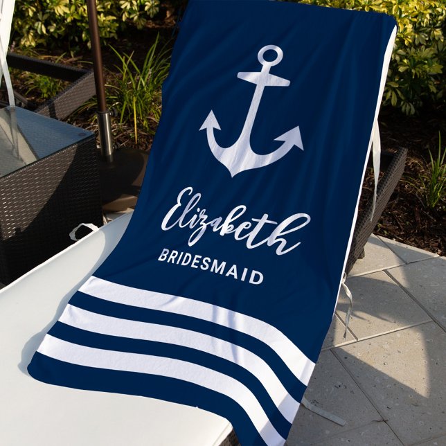 Nautical Navy Anchor Custom Bridesmaid Name Beach Towel (Creator Uploaded)