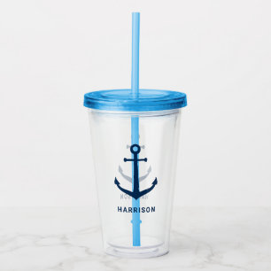 Nautical Navy Anchor Custom Name Monogram Acrylic Tumbler