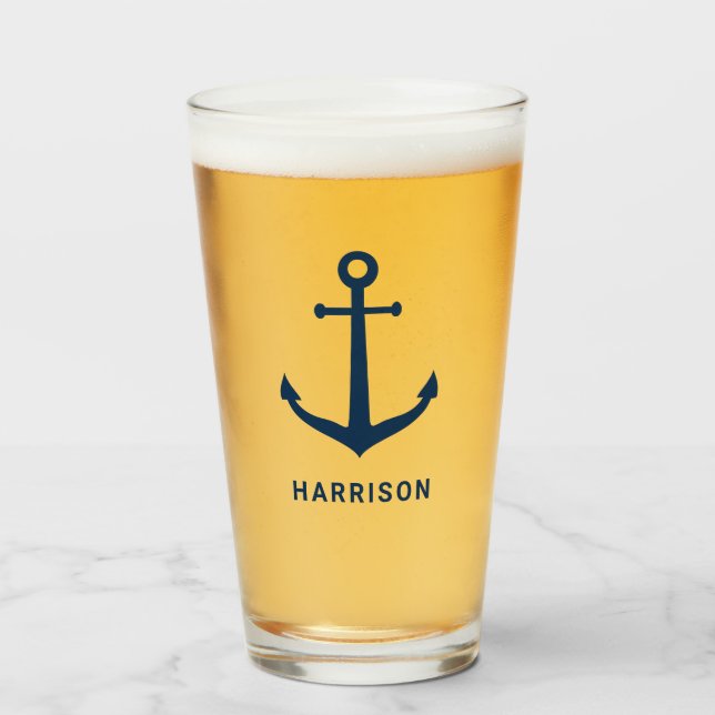 Nautical Navy Anchor Custom Name Monogram Glass (Front Filled)