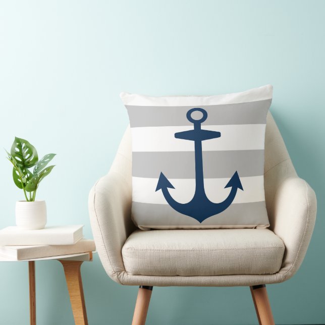 Nautical Navy Anchor Grey White Stripe Cushion (Chair)