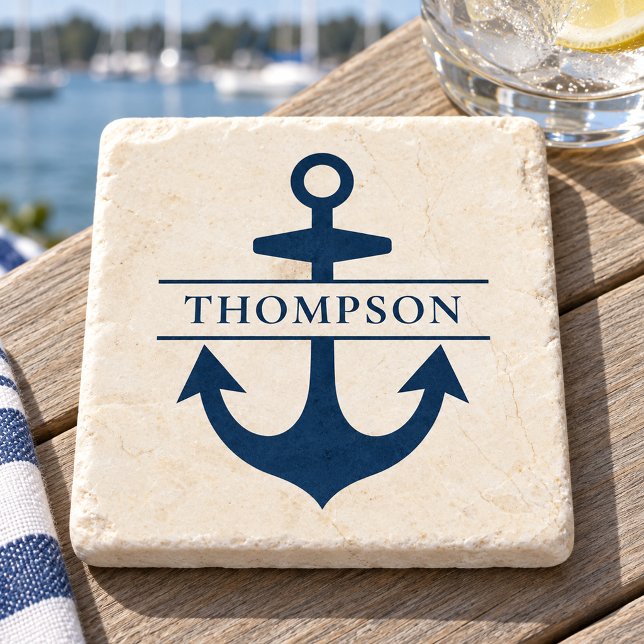 Nautical Navy Anchor Monogram Custom Stone Coaster (Creator Uploaded)