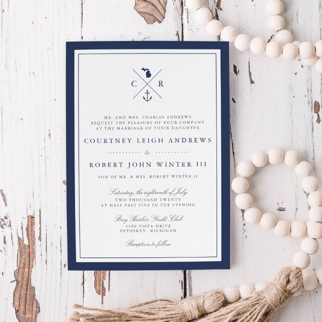 Nautical Navy Anchor Monogram Michigan Wedding Invitation (Creator Uploaded)