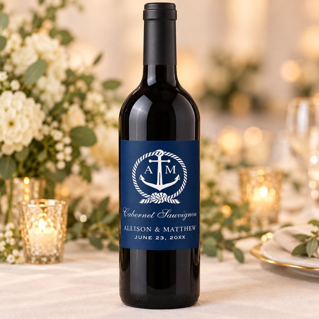 Nautical Navy Anchor Monogram Wedding Wine Label (Creator Uploaded)