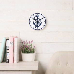 Nautical Navy Anchor Pattern Round Clock