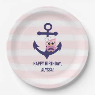 Nautical Navy Anchor Pink Owl and Stripes Birthday Paper Plate