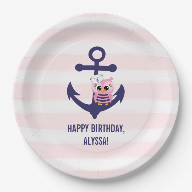Nautical Navy Anchor Pink Owl and Stripes Birthday Paper Plate (Front)