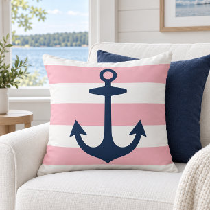 Nautical Navy Anchor Pink White Stripe Cushion