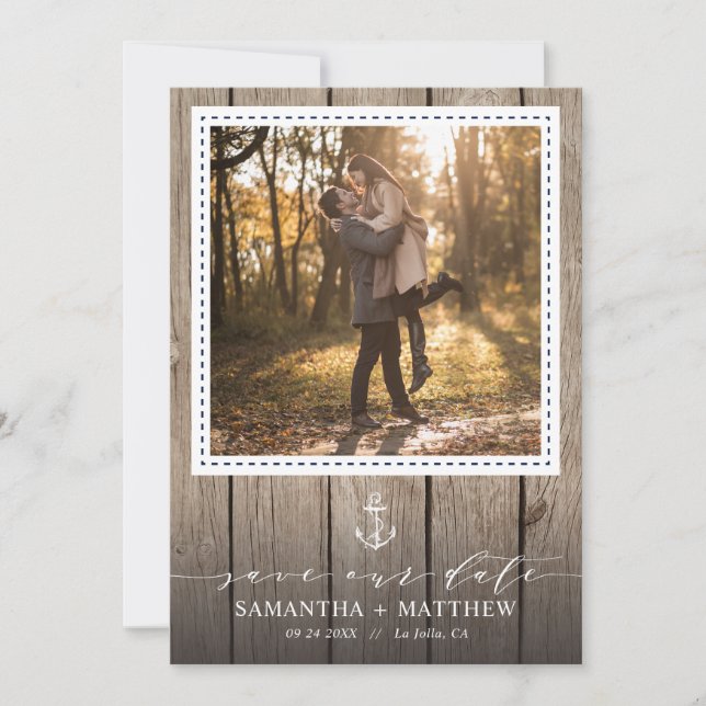 Nautical Navy Anchor Rustic Wood Photo Wedding Save The Date (Front)
